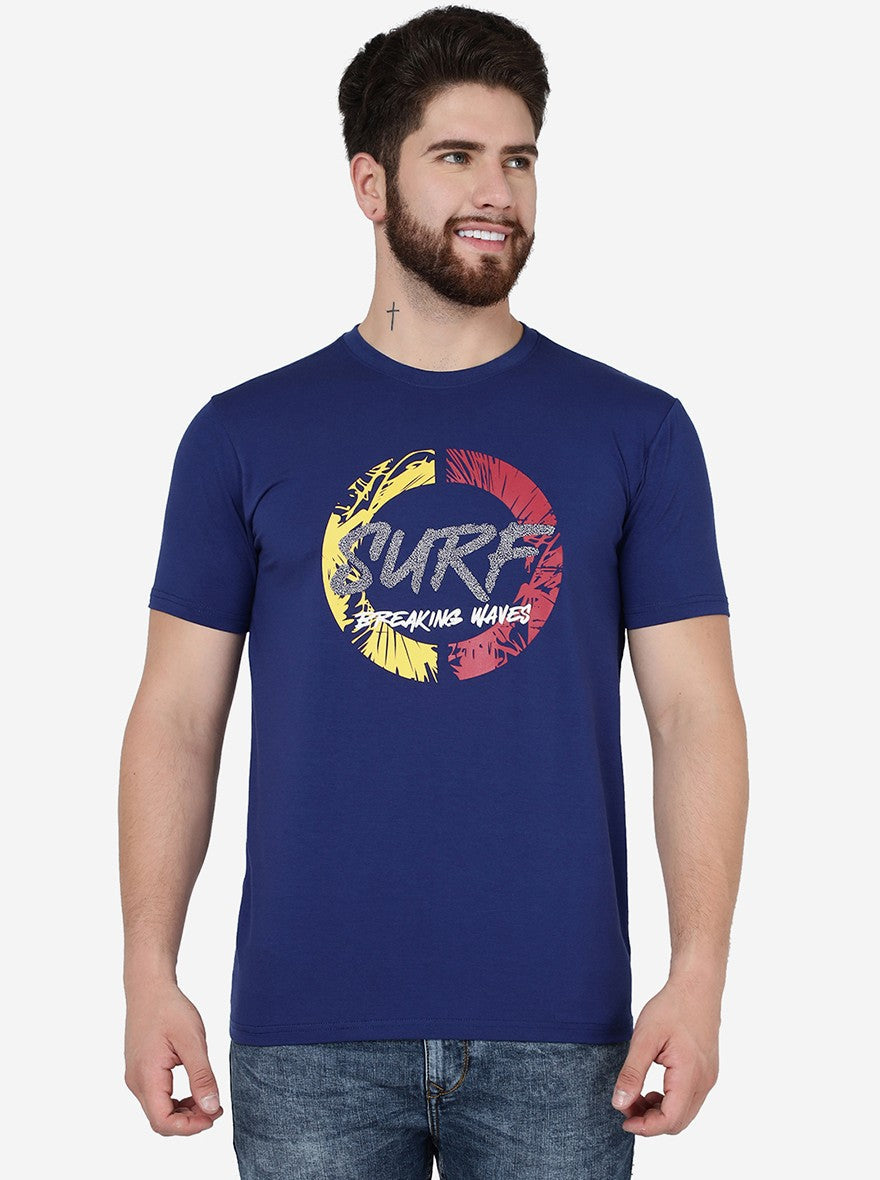 Blue Printed Slim Fit T-Shirt | pehervi
