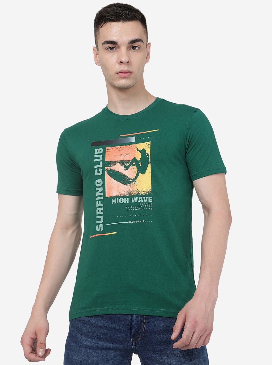 Dark Green Printed Slim Fit T-Shirt | pehervi