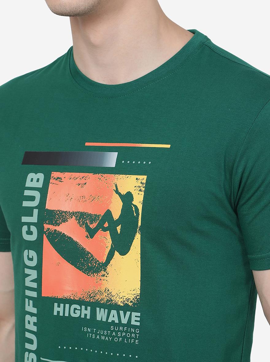 Dark Green Printed Slim Fit T-Shirt | pehervi