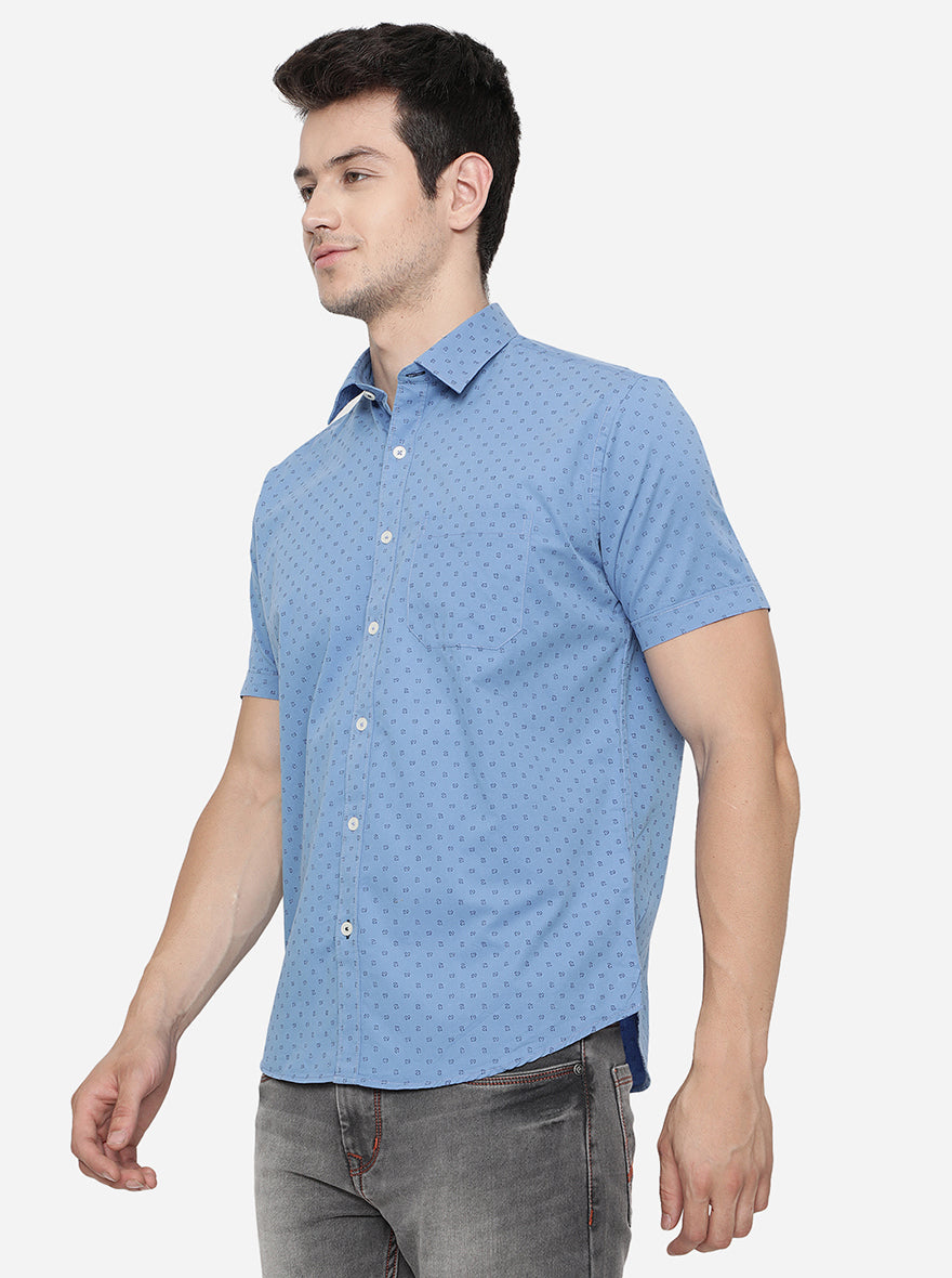 Dusty Blue Printed Slim Fit Semi Casual Shirt | Pehervi