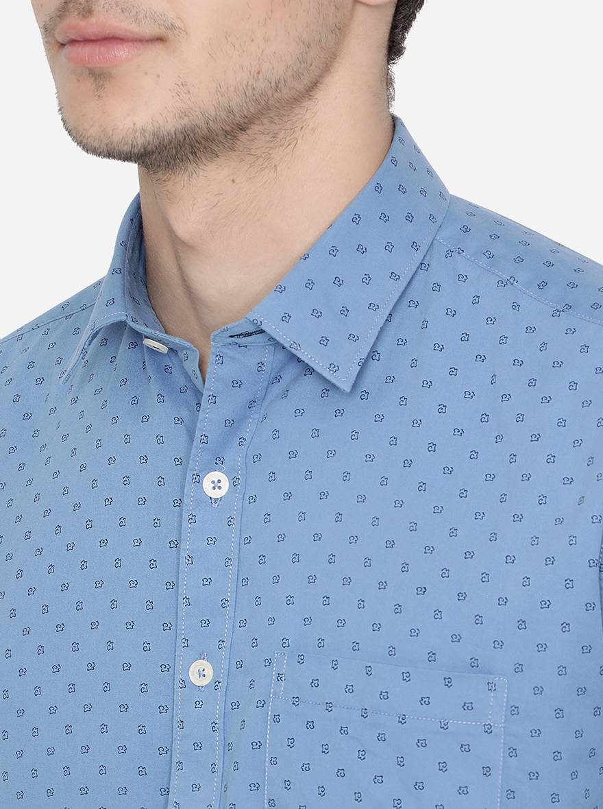 Dusty Blue Printed Slim Fit Semi Casual Shirt | Pehervi