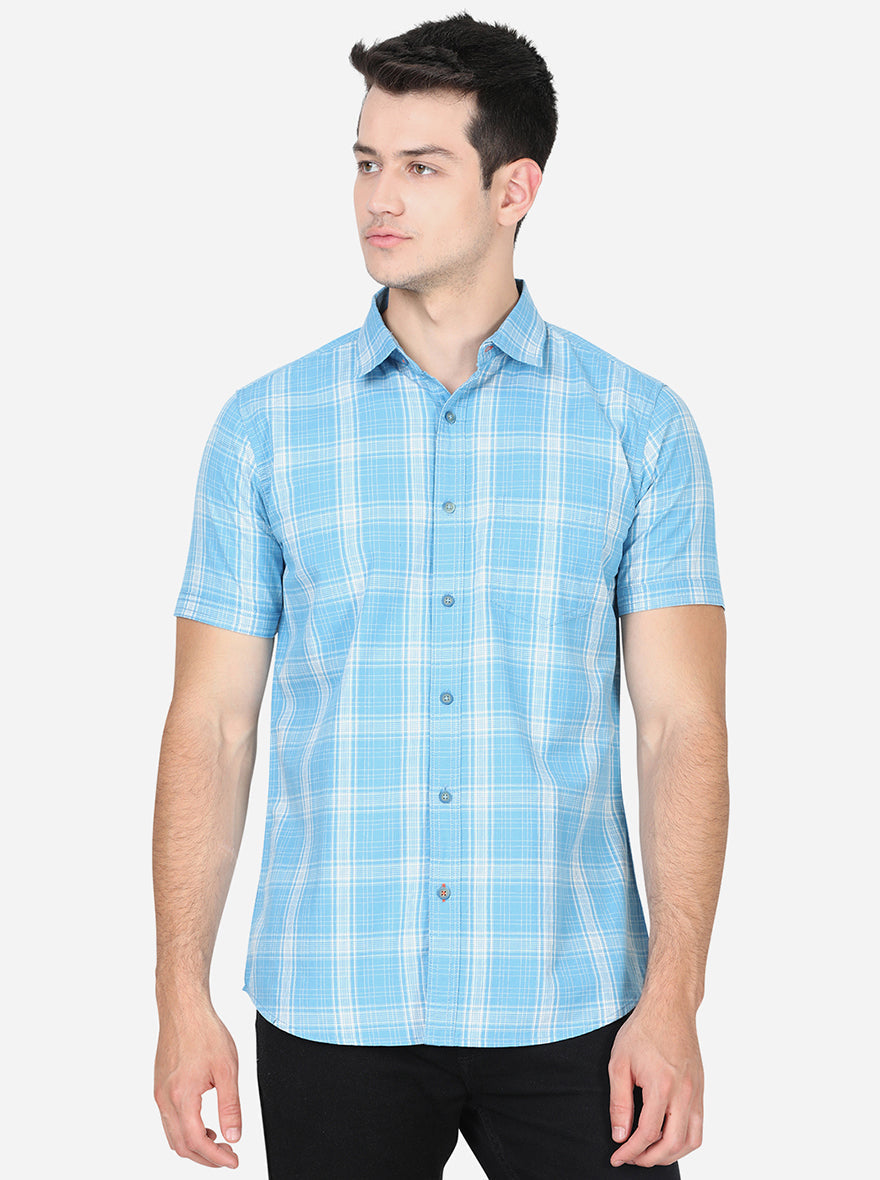 Estate Blue Checked Slim Fit Semi Casual Shirt | Pehervi