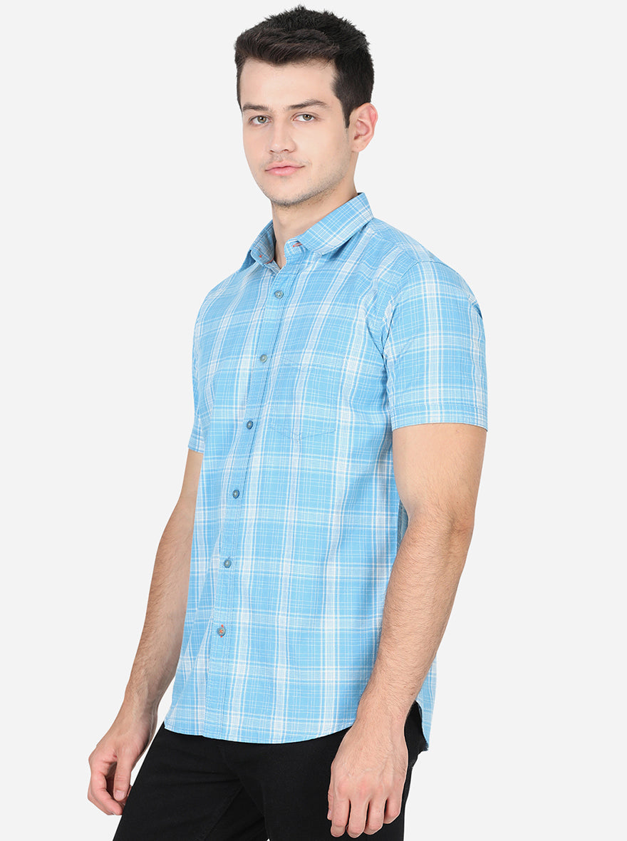 Estate Blue Checked Slim Fit Semi Casual Shirt | Pehervi