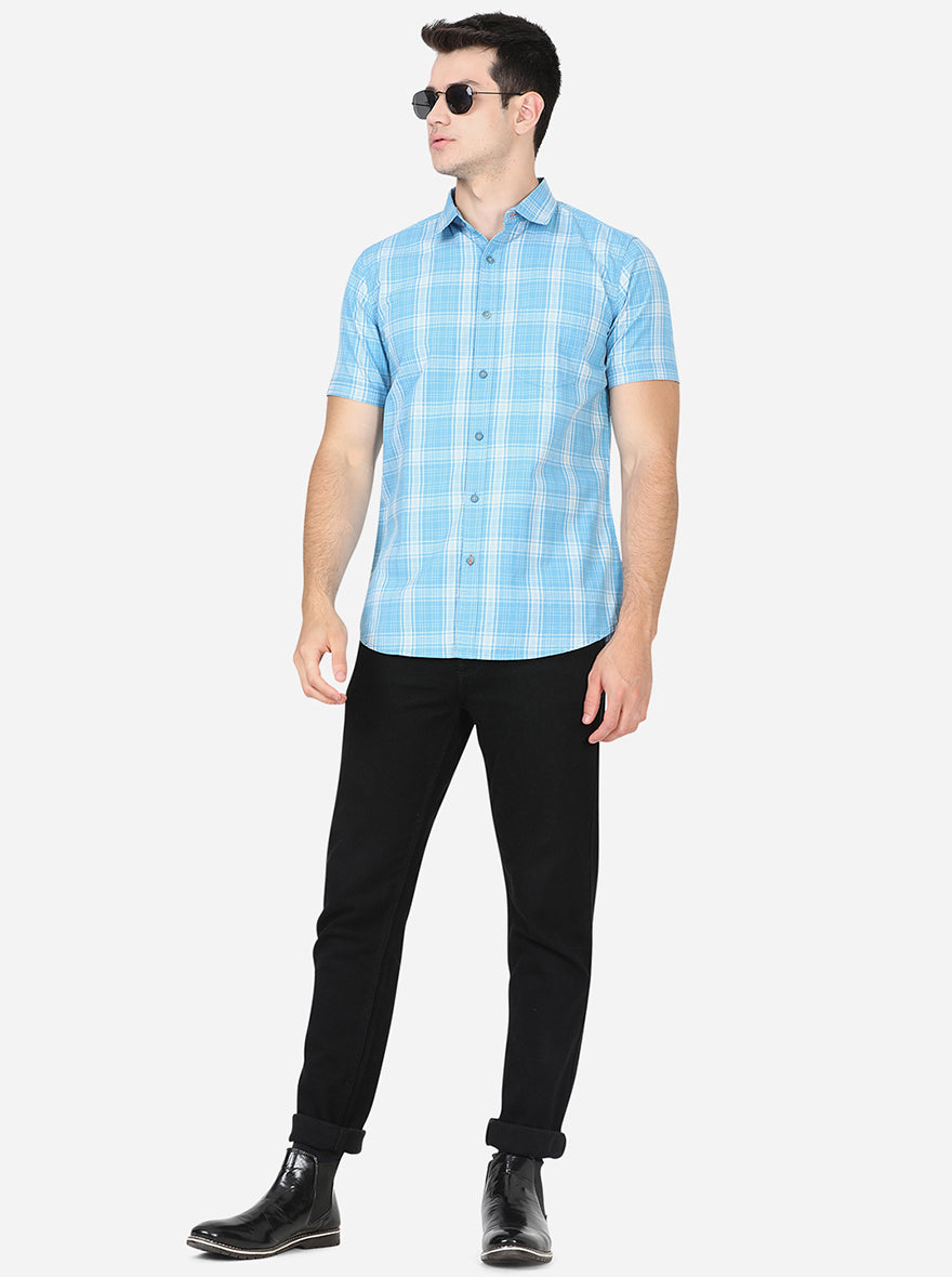 Estate Blue Checked Slim Fit Semi Casual Shirt | Pehervi