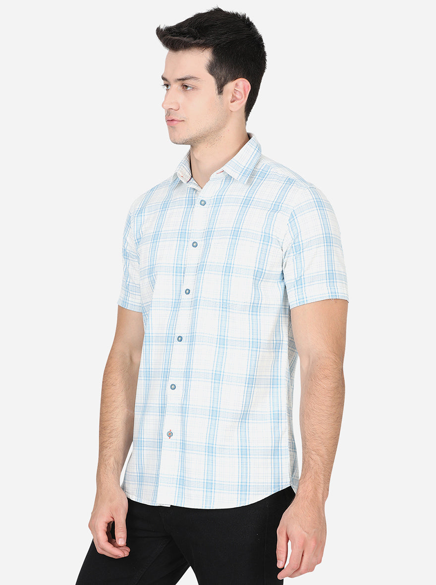 Bright White & Green Checked Slim Fit Semi Casual Shirt | Pehervi
