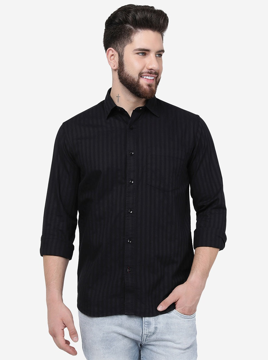 Black Striped Smart Fit Semi Casual Shirt | Pehervi