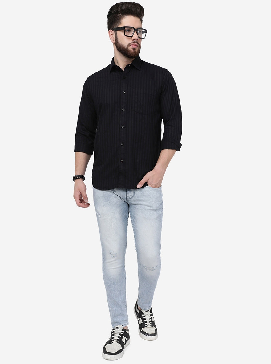 Black Striped Smart Fit Semi Casual Shirt | Pehervi
