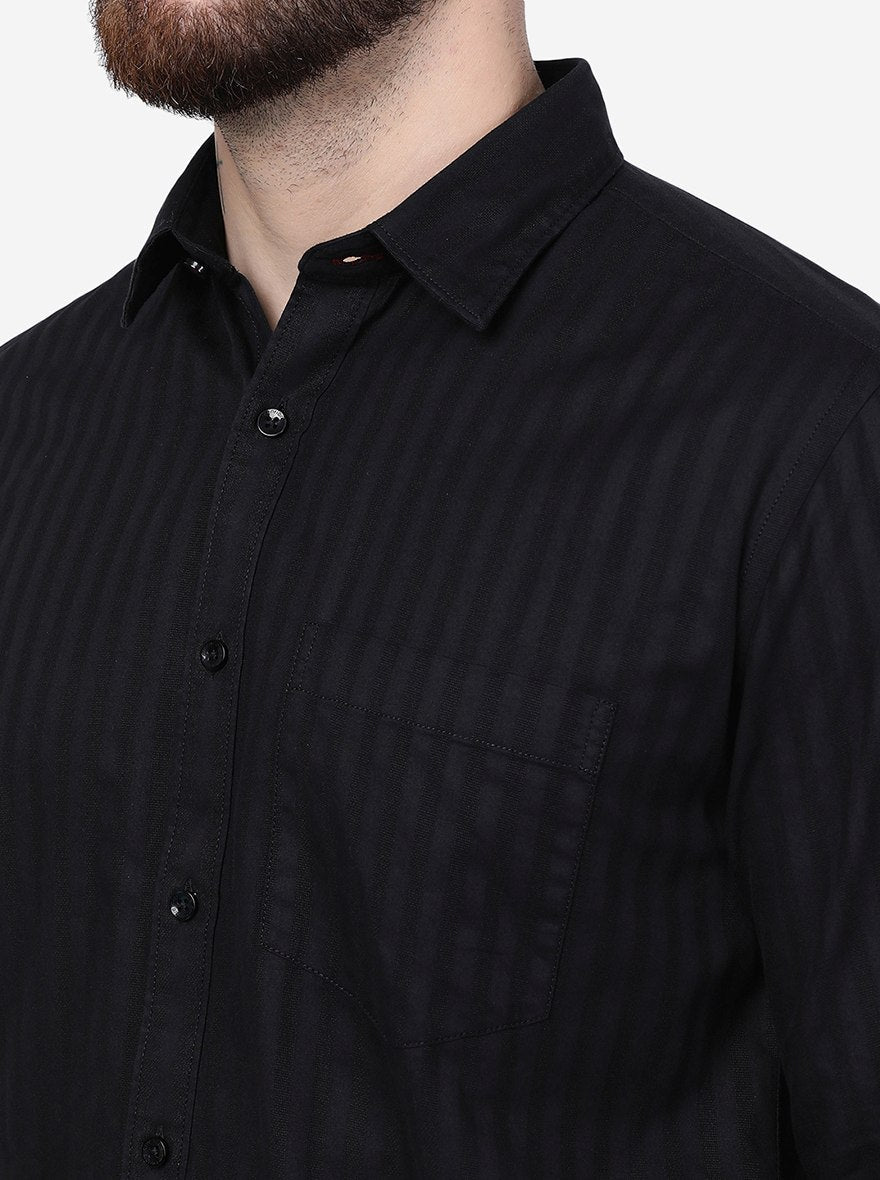 Black Striped Smart Fit Semi Casual Shirt | Pehervi