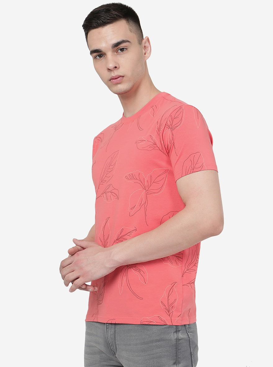 Coral Pink Printed Slim Fit T-Shirt | pehervi