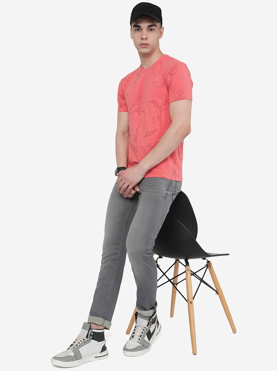 Coral Pink Printed Slim Fit T-Shirt | pehervi