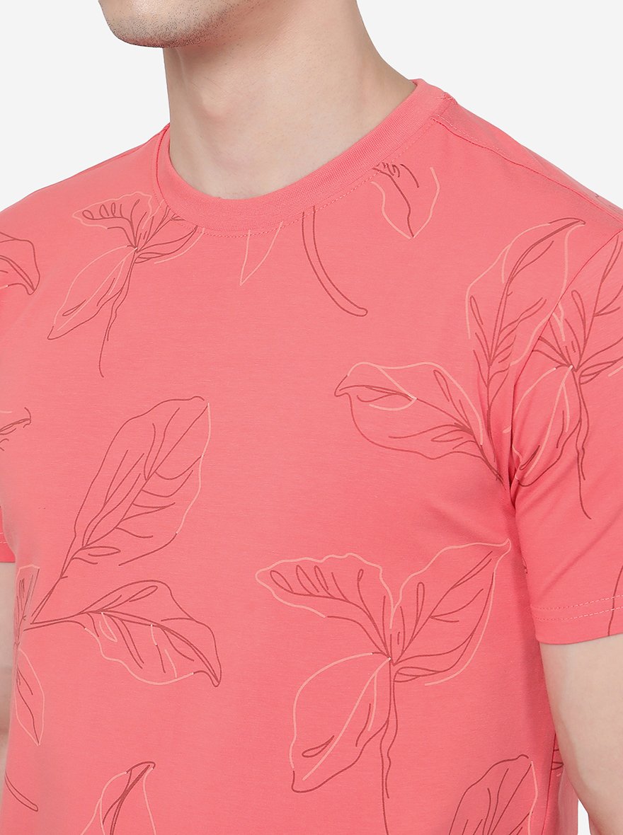 Coral Pink Printed Slim Fit T-Shirt | pehervi