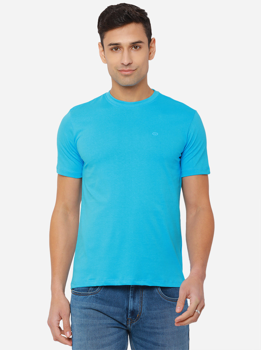 Aqua Blue Solid Slim Fit T-Shirt | pehervi