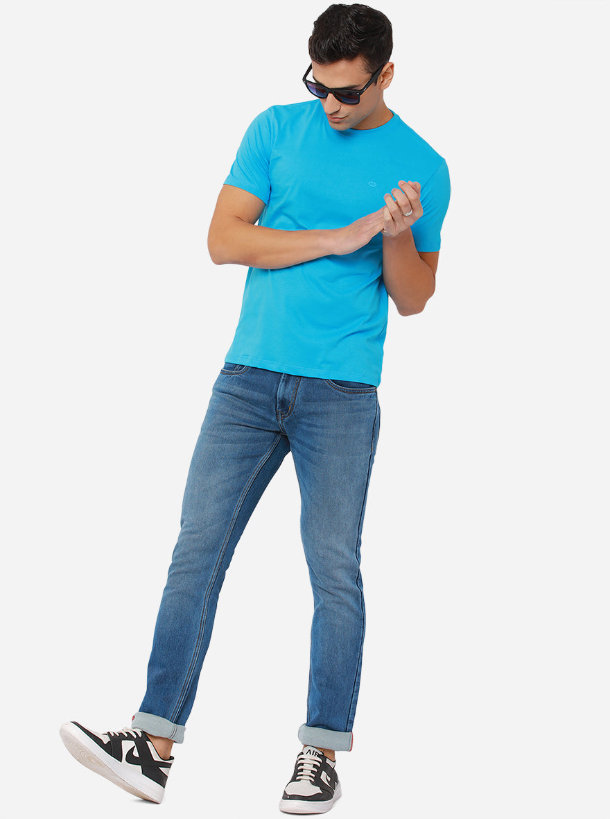 Aqua Blue Solid Slim Fit T-Shirt | pehervi