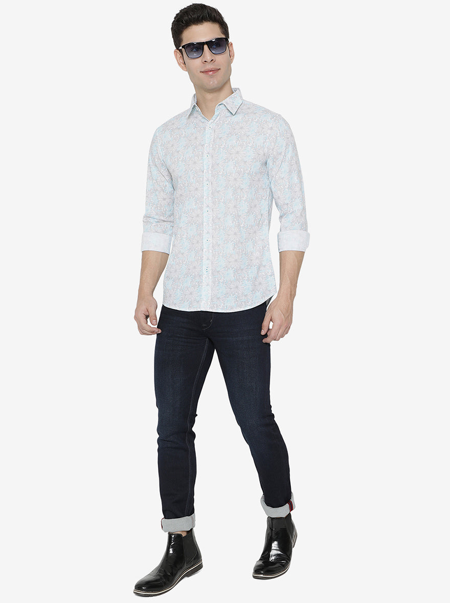 Blue & White Printed Slim Fit Semi Casual Shirt | Pehervi