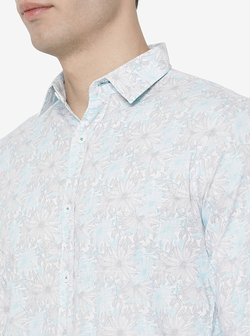 Blue & White Printed Slim Fit Semi Casual Shirt | Pehervi