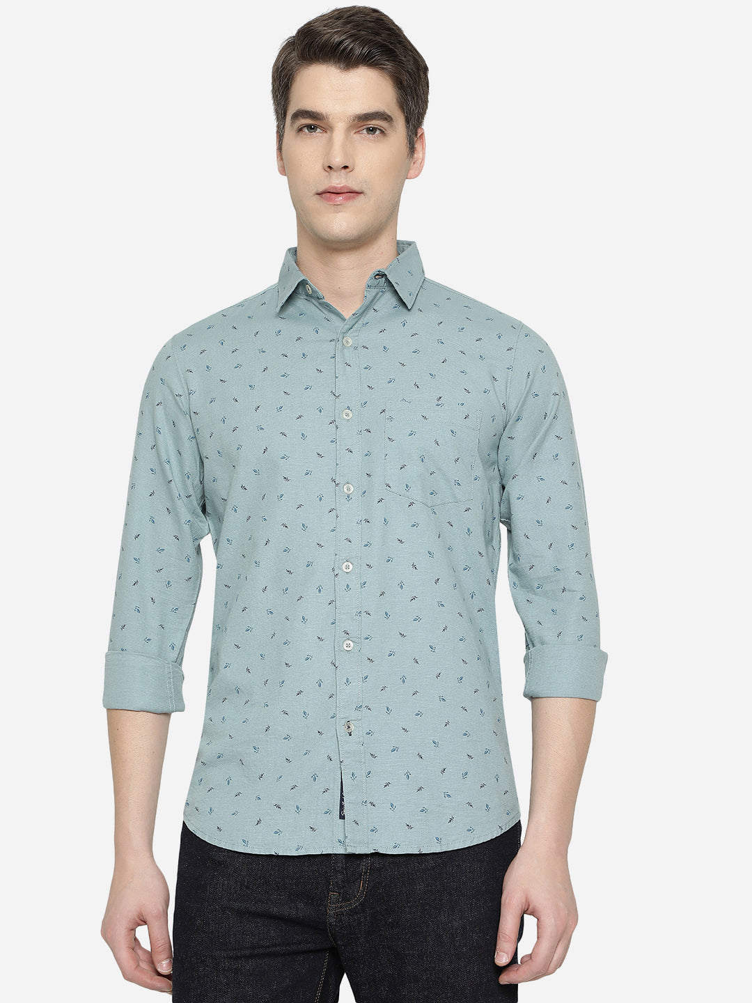 Canal Blue Printed Slim Fit Semi Casual Shirt | Pehervi
