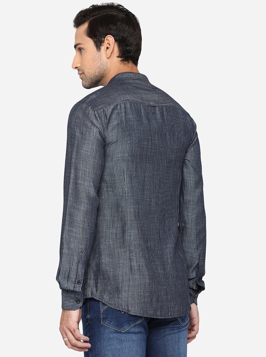 Dark Grey Striped Slim Fit Semi Casual Shirt | Pehervi
