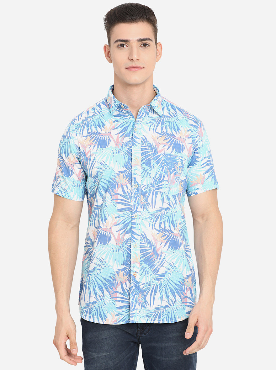 Blue Printed Slim Fit Semi Casual Shirt | Pehervi