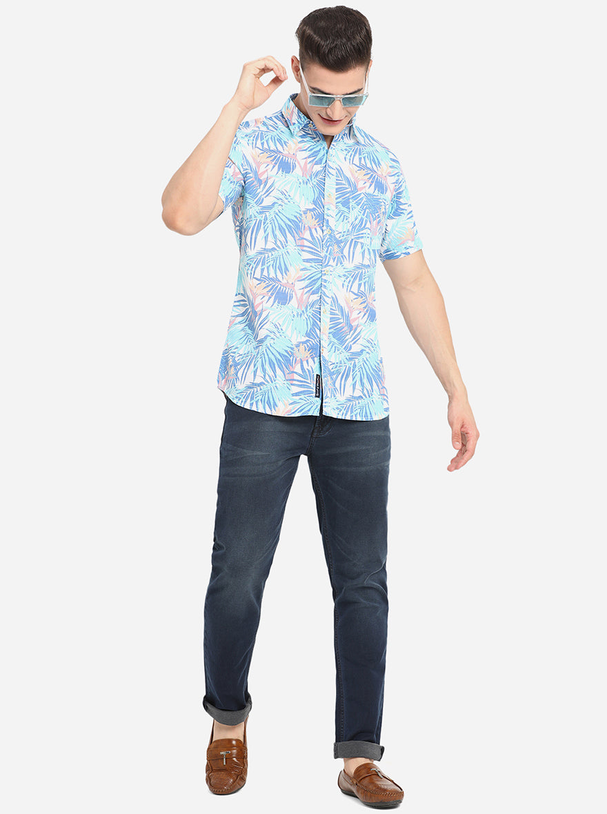 Blue Printed Slim Fit Semi Casual Shirt | Pehervi