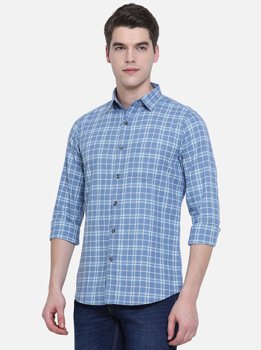 Copen Blue Checked Slim Fit Semi Casual Shirt | Pehervi