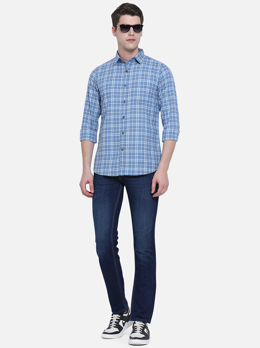 Copen Blue Checked Slim Fit Semi Casual Shirt | Pehervi