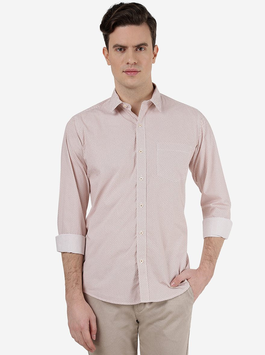 Light Brown Printed Slim Fit Semi Casual Shirt | Pehervi
