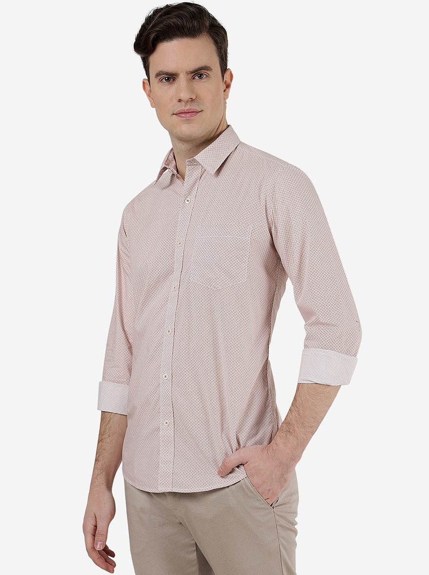 Light Brown Printed Slim Fit Semi Casual Shirt | Pehervi