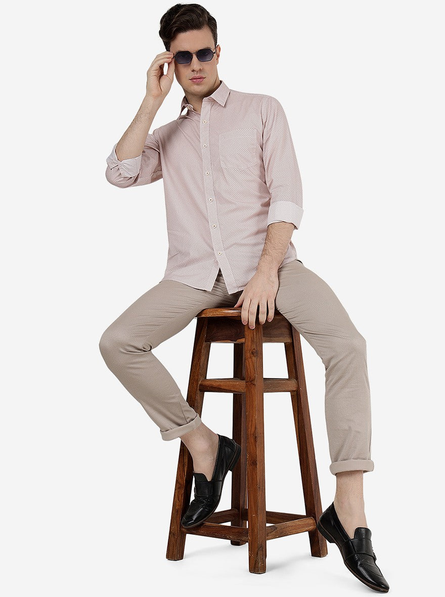 Light Brown Printed Slim Fit Semi Casual Shirt | Pehervi