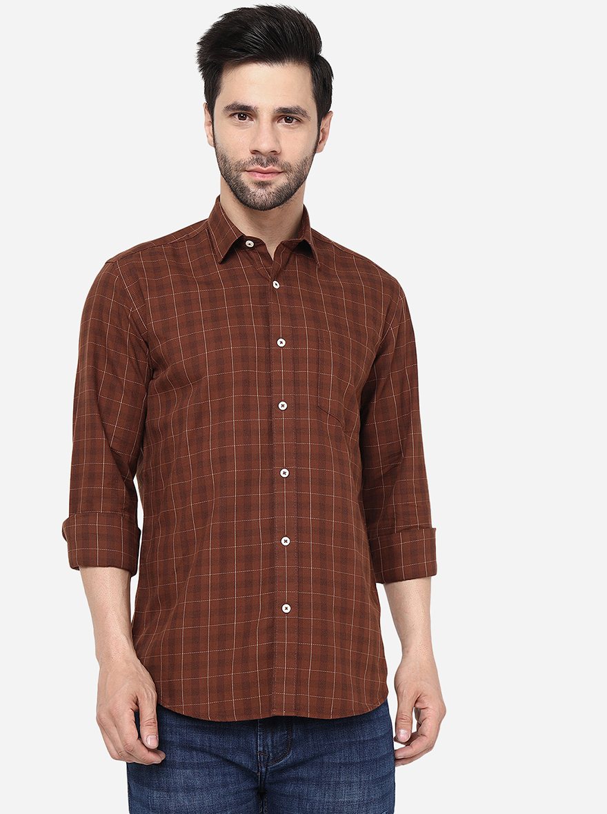 Coffee Brown Checked Slim Fit Semi Casual Shirt | Pehervi