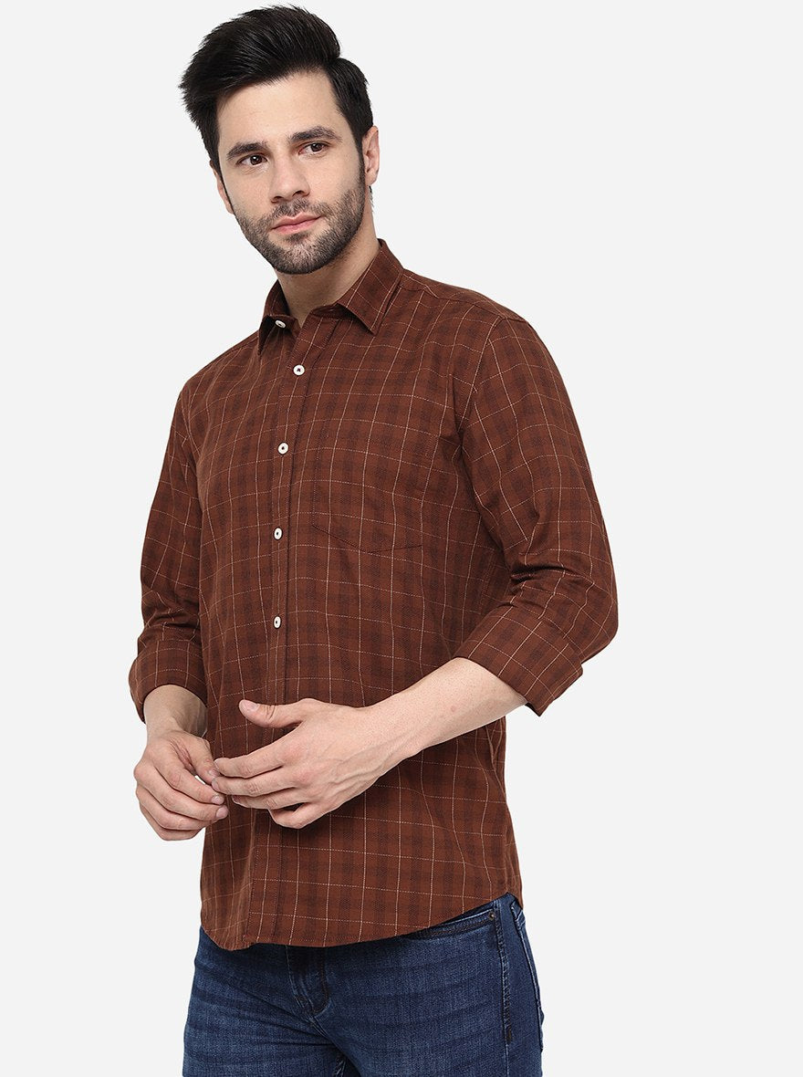 Coffee Brown Checked Slim Fit Semi Casual Shirt | Pehervi