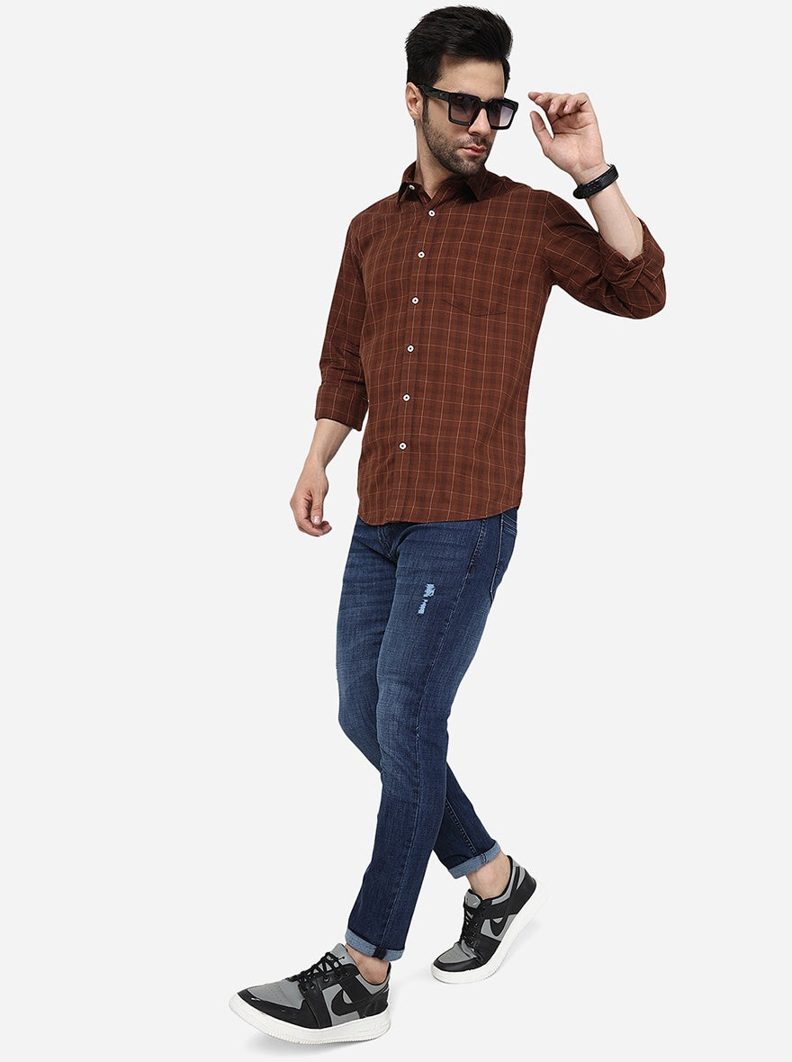 Coffee Brown Checked Slim Fit Semi Casual Shirt | Pehervi