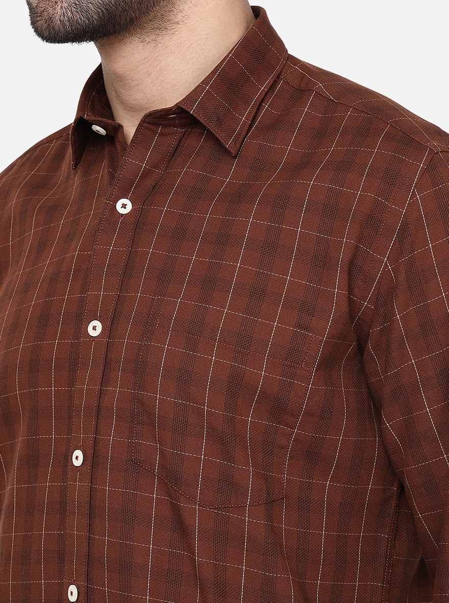 Coffee Brown Checked Slim Fit Semi Casual Shirt | Pehervi