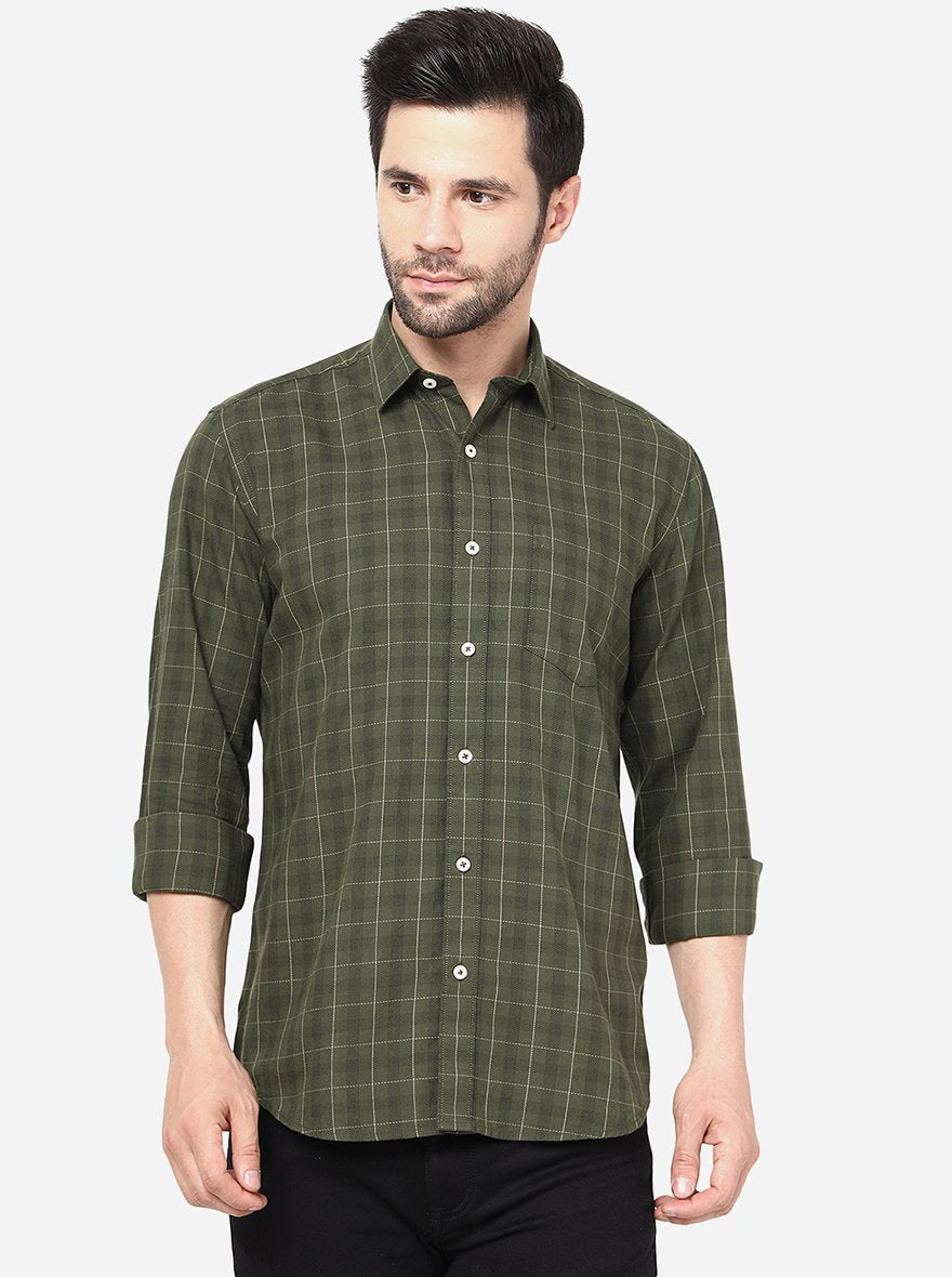 Olive Green Checked Slim Fit Semi Casual Shirt | Pehervi