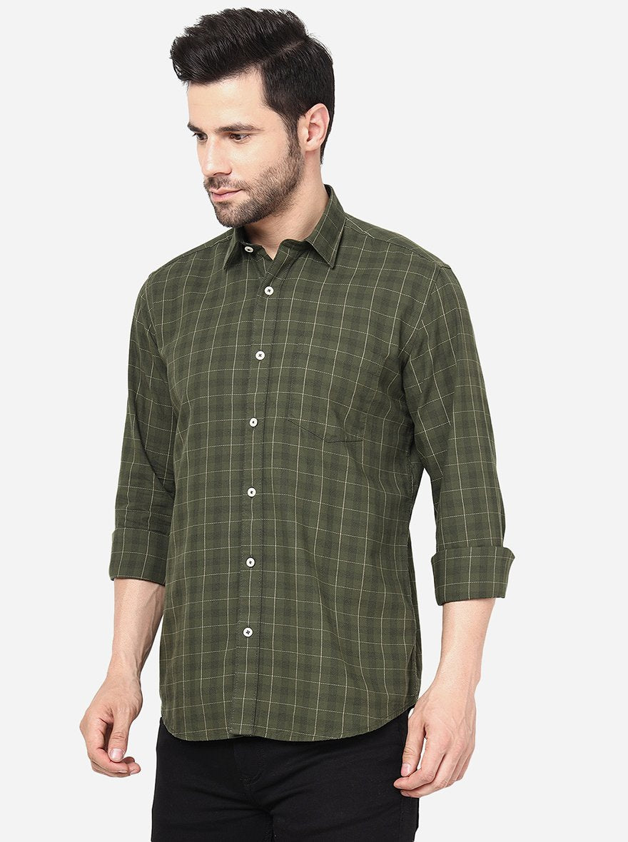 Olive Green Checked Slim Fit Semi Casual Shirt | Pehervi