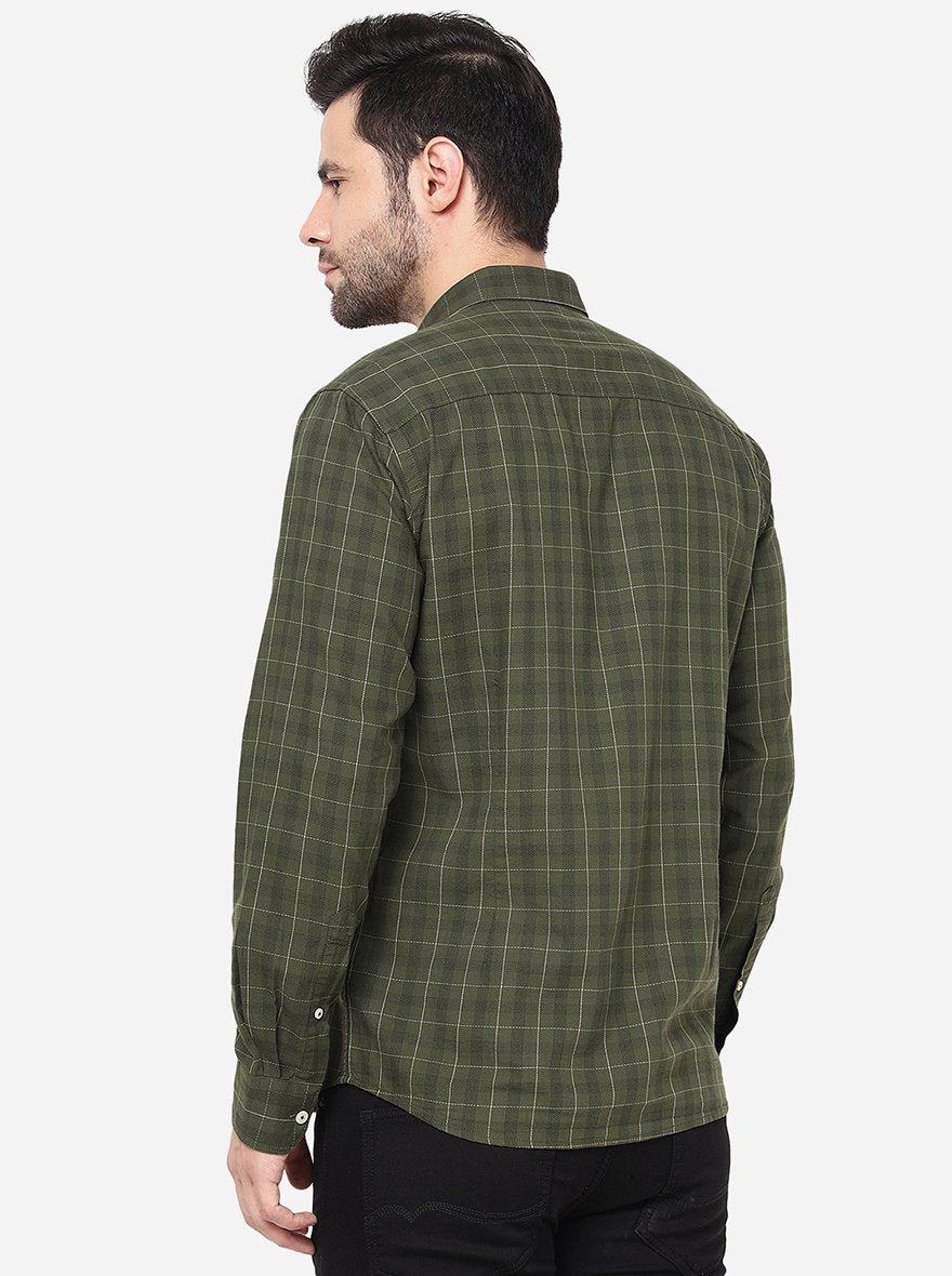 Olive Green Checked Slim Fit Semi Casual Shirt | Pehervi