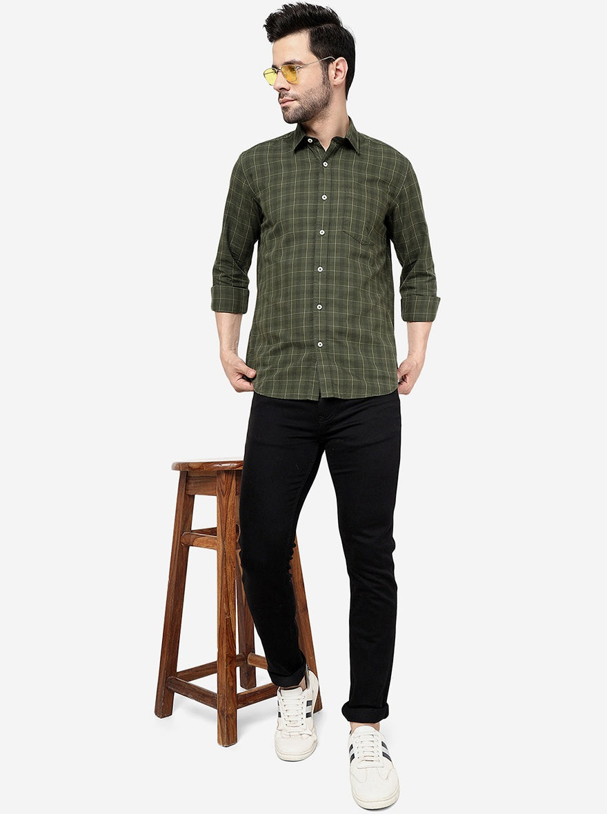 Olive Green Checked Slim Fit Semi Casual Shirt | Pehervi