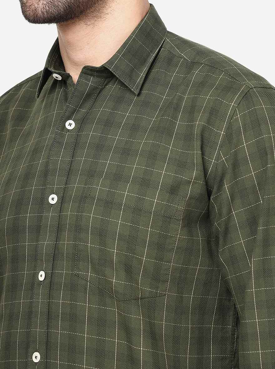 Olive Green Checked Slim Fit Semi Casual Shirt | Pehervi