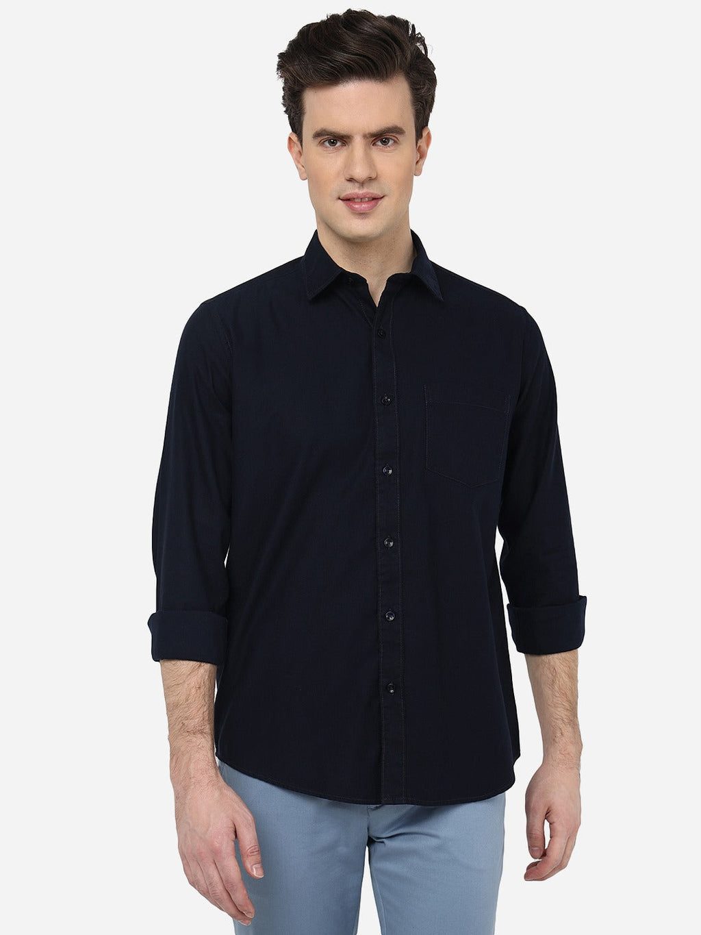 Navy Blue Solid Smart Fit Semi Casual Shirt | Pehervi
