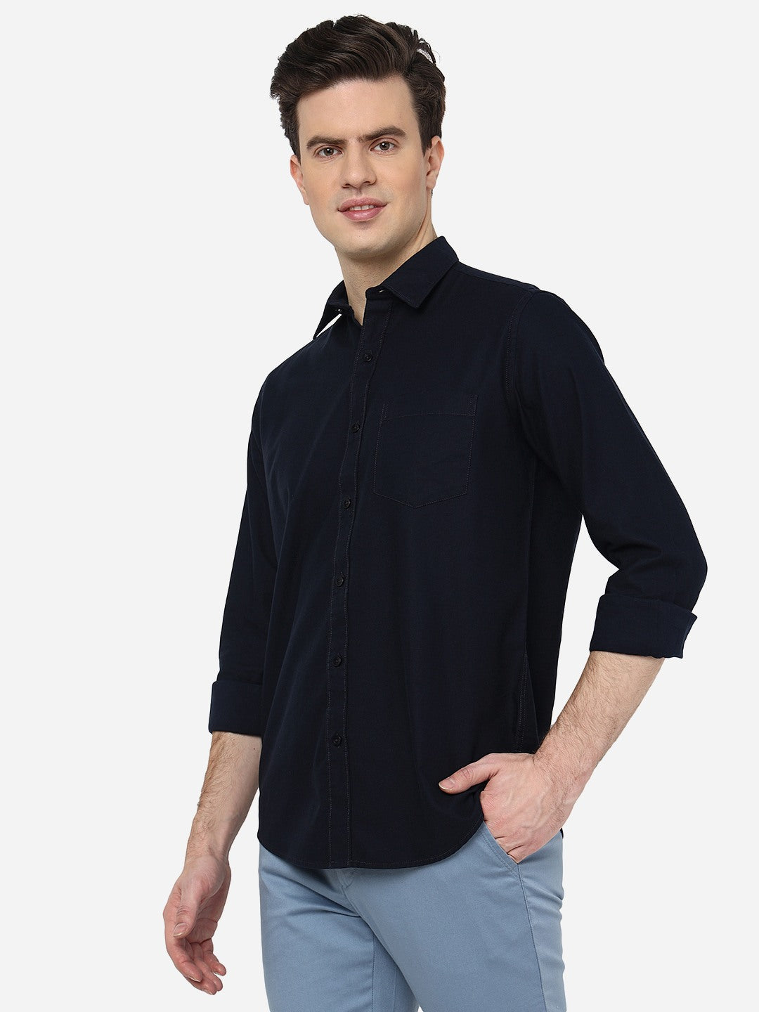 Navy Blue Solid Smart Fit Semi Casual Shirt | Pehervi