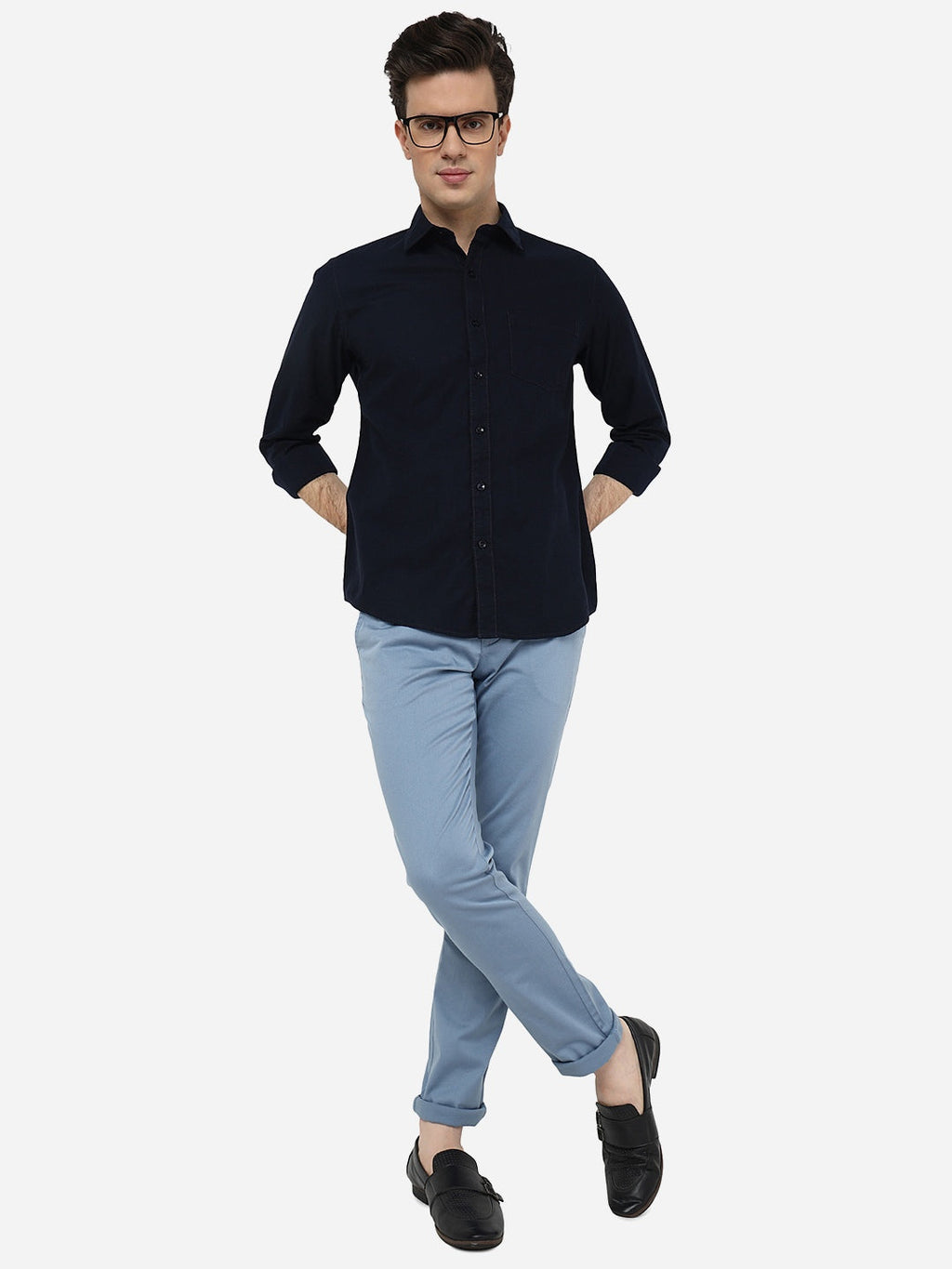 Navy Blue Solid Smart Fit Semi Casual Shirt | Pehervi