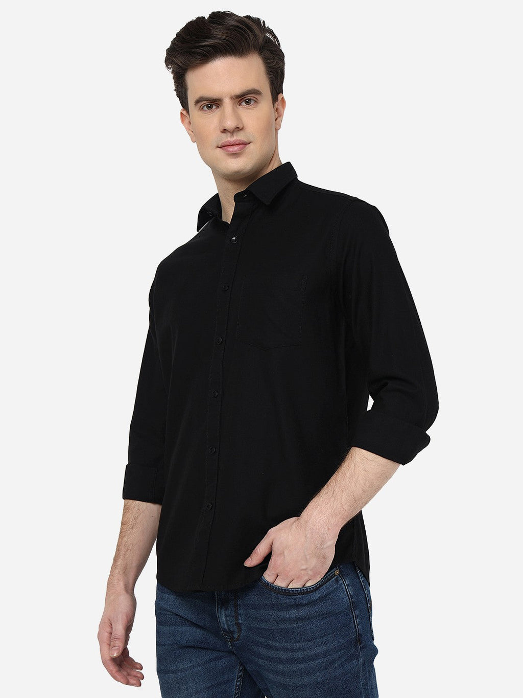 Black Solid Smart Fit Semi Casual Shirt | Pehervi