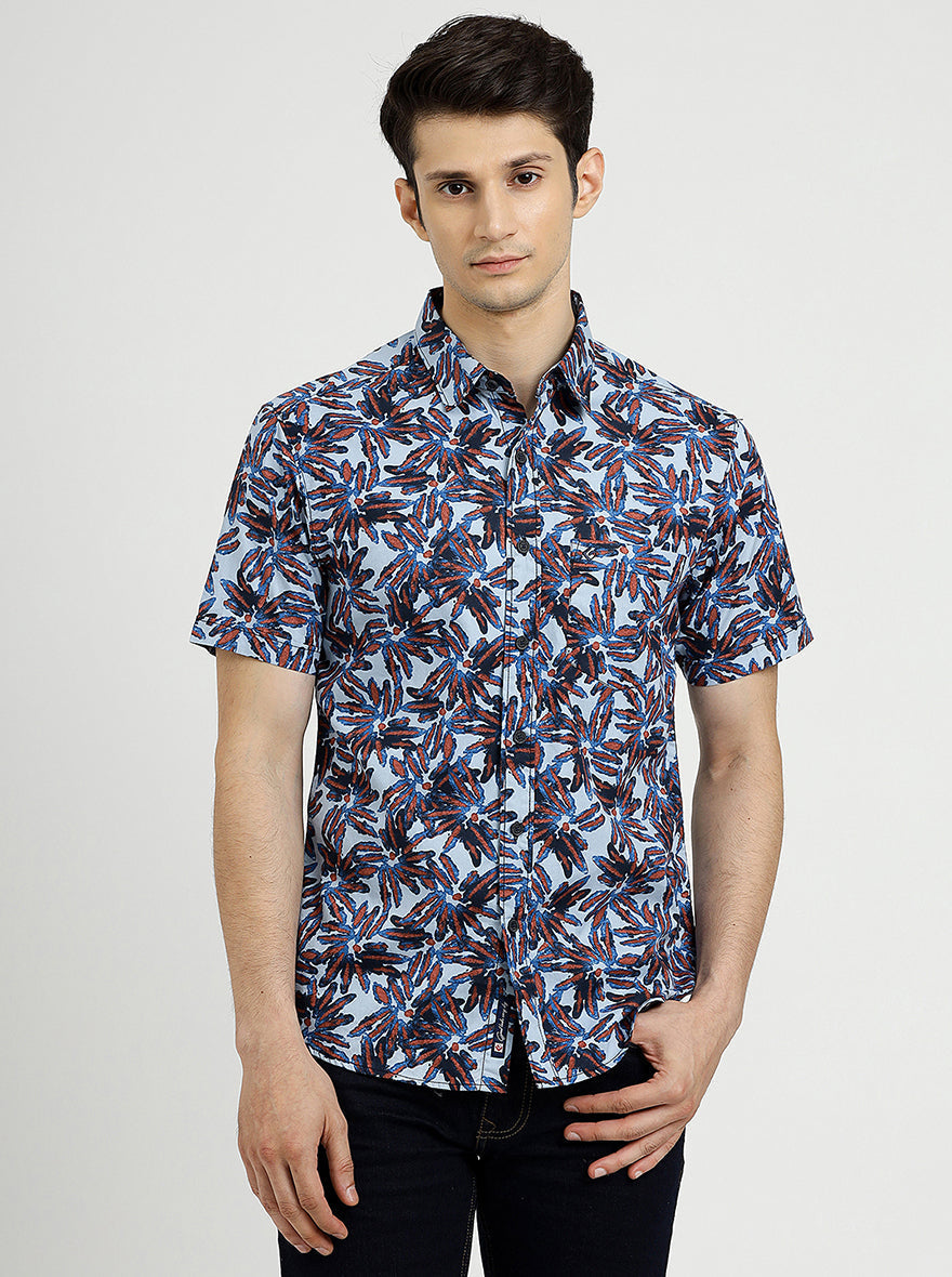 Sea Blue Printed Slim Fit Casual Shirt | pehervi