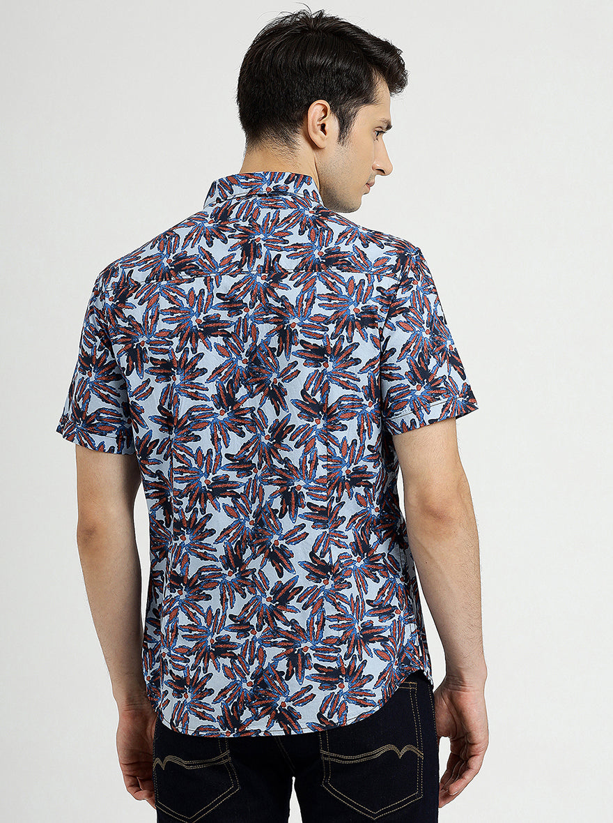Sea Blue Printed Slim Fit Casual Shirt | pehervi