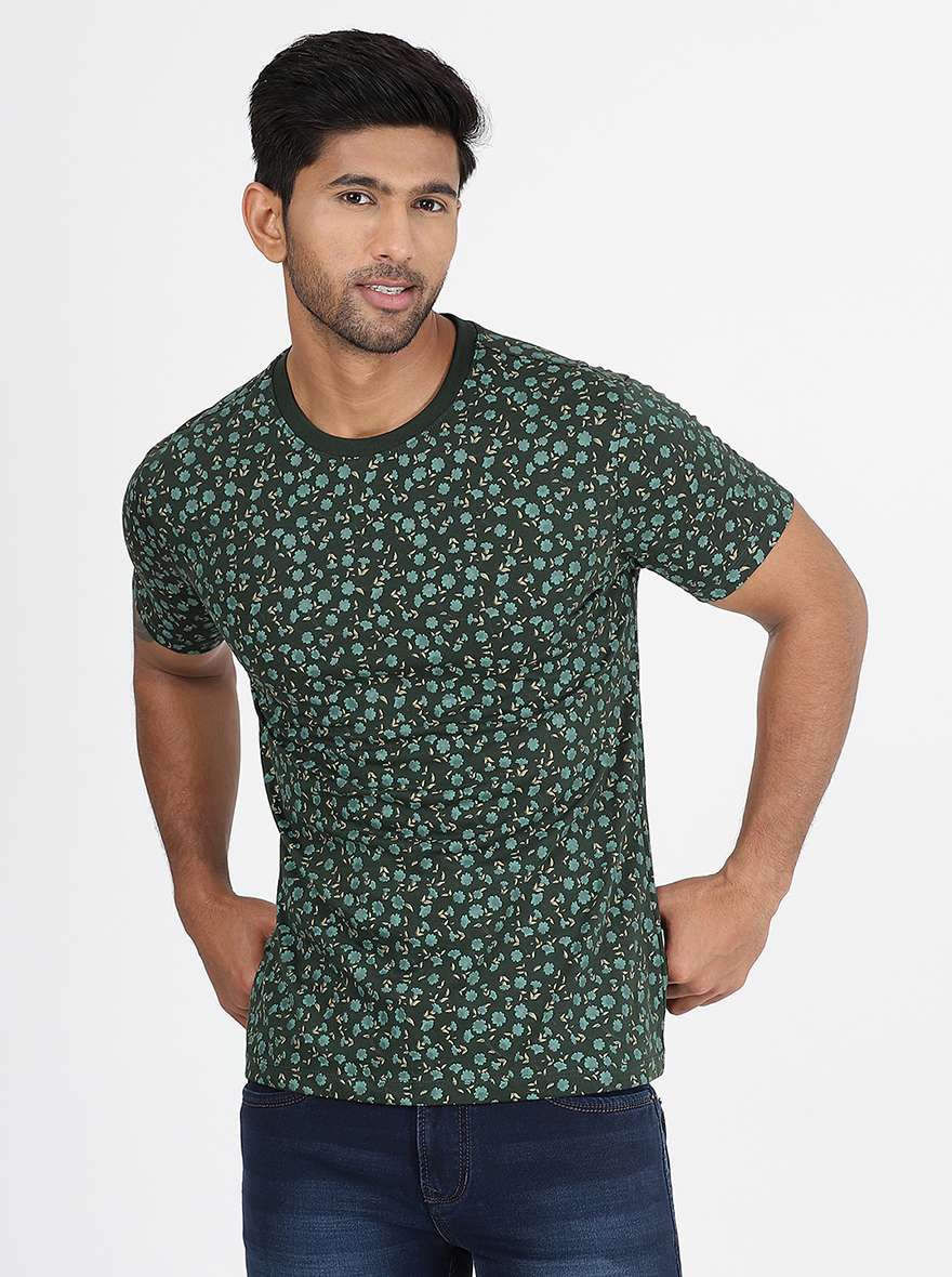 Bottle Green Printed Slim Fit T-Shirt | pehervi