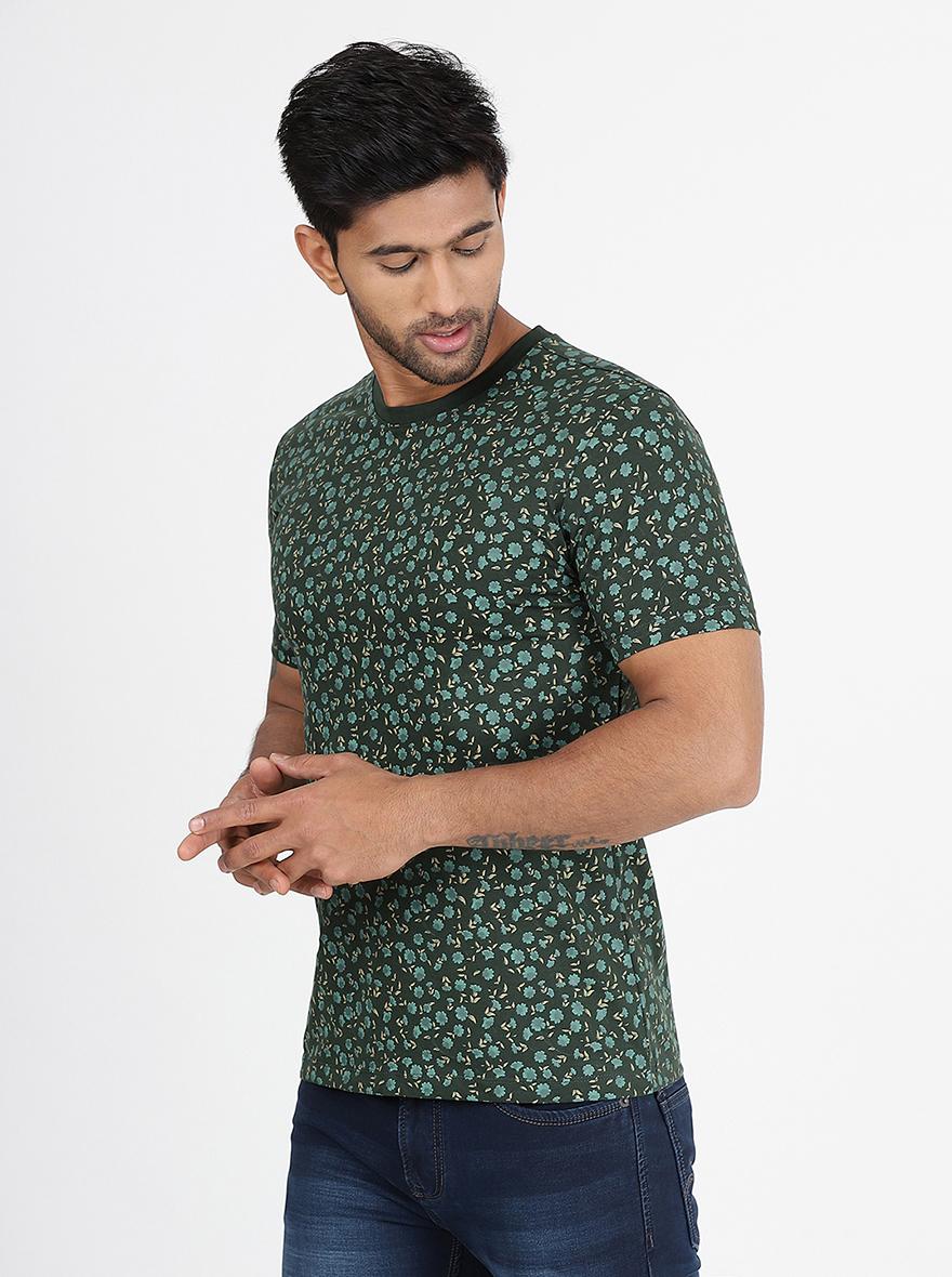 Bottle Green Printed Slim Fit T-Shirt | pehervi