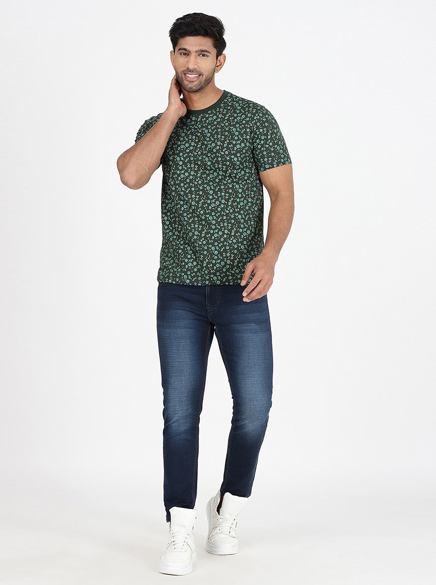 Bottle Green Printed Slim Fit T-Shirt | pehervi