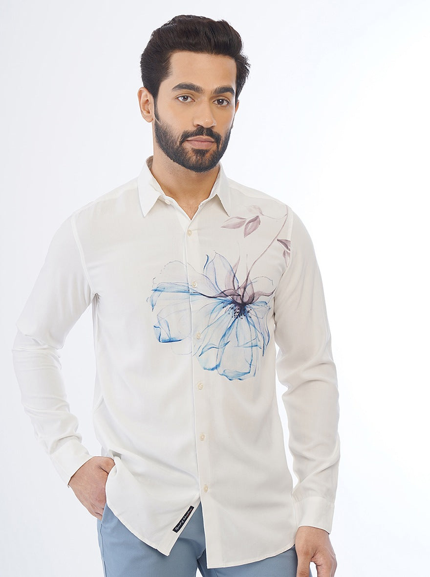 White Printed Slim Fit Casual Shirt | pehervi