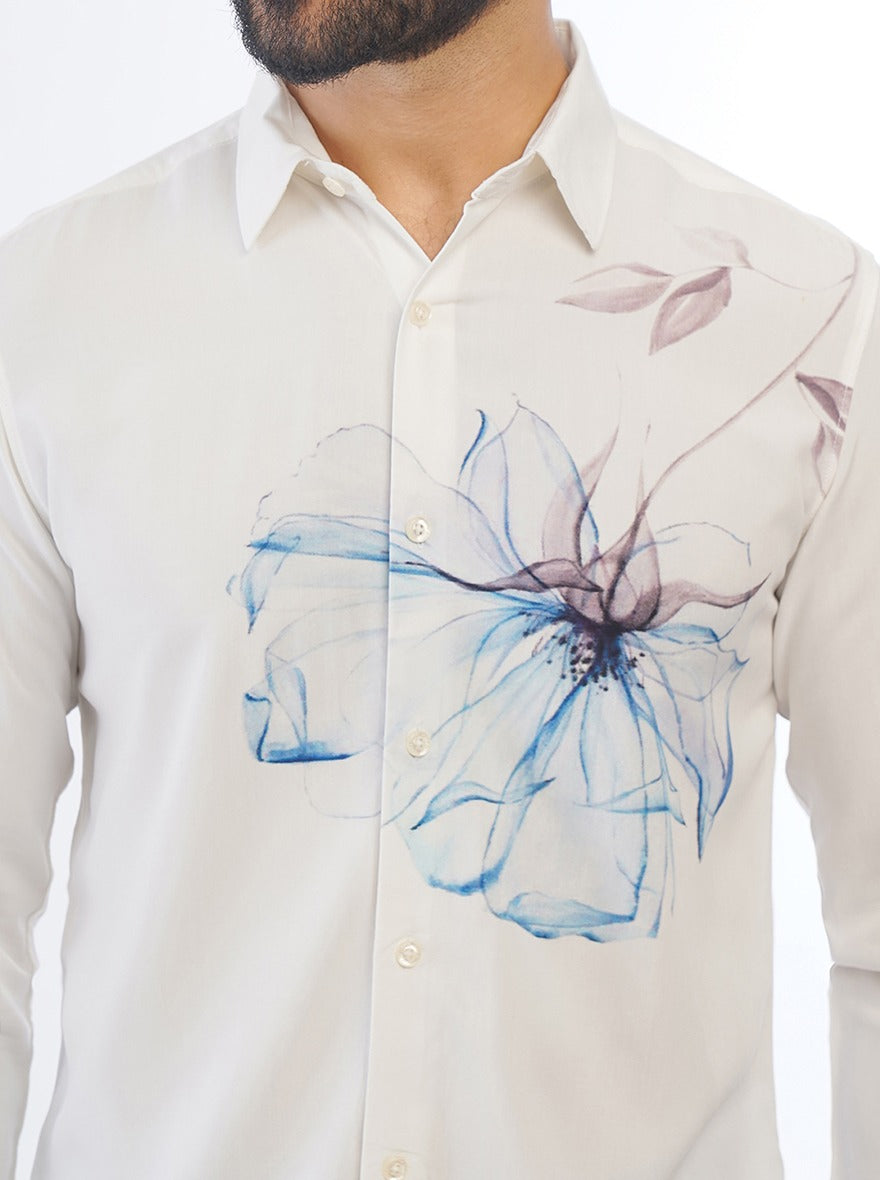 White Printed Slim Fit Casual Shirt | pehervi