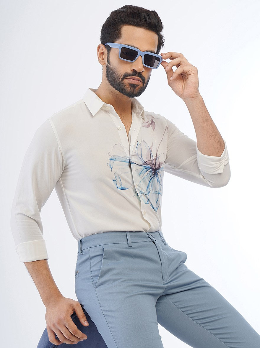White Printed Slim Fit Casual Shirt | pehervi