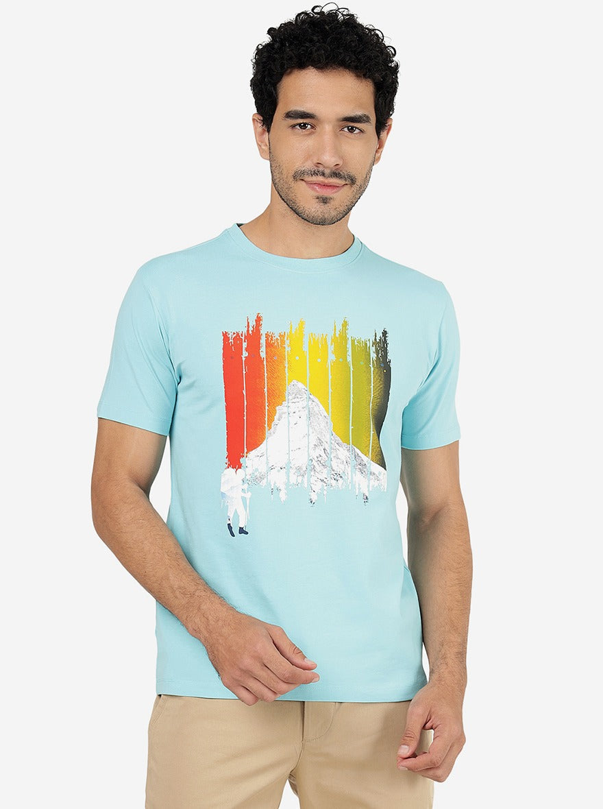 Turquoise Blue Printed Slim Fit T-Shirt | pehervi